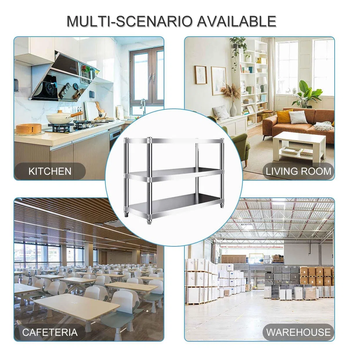 Estantes de almacenamiento de cocina de 3 niveles, estantes de metal ajustables en altura de acero inoxidable 304, estante de almacenamiento de alimentos y bebidas, estante de almacenamiento de