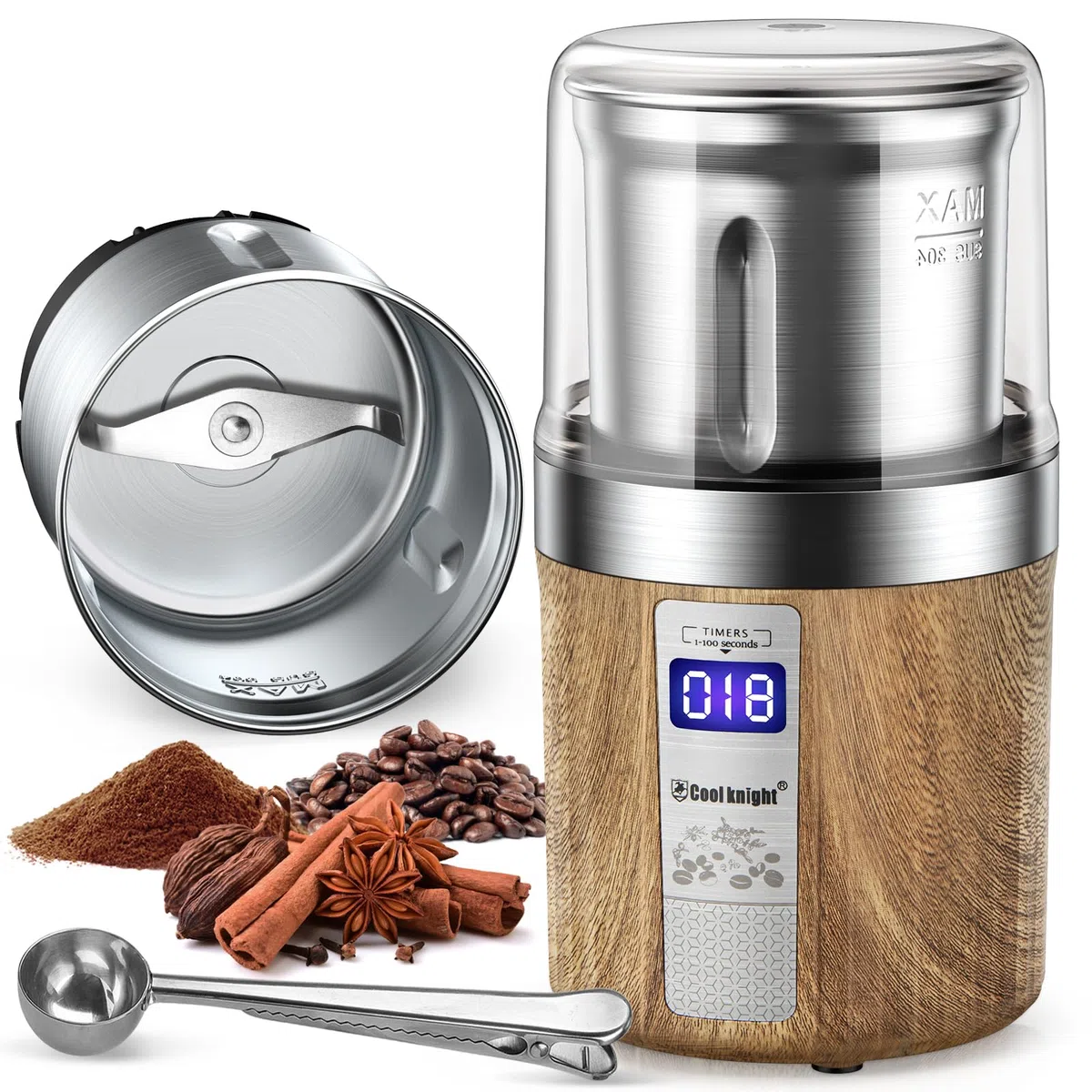 COOL KNIGHT Molinillo Cafe Electrico, Molinillo Café Con Contador Y 1 Taza De Molienda De Acero Inoxidable, Molinillo De Especias Con Capacidad De 100g, Apto Para Especias, Granos De Café,Nueces,Etc.
