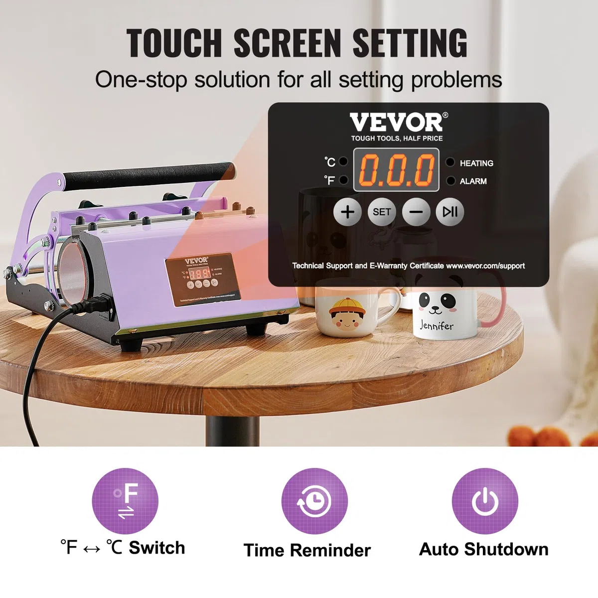 VEVOR Prensa Térmica para Vasos de 325-887 ML con Papel de Sublimación, Cinta y Guantes, Ajuste de Temperatura y Tiempo para Vasos, Tazas y Jarras de Sublimación, Morado