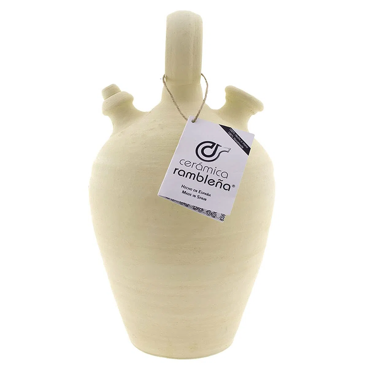CERÁMICA RAMBLEÑA | Botijo de Barro Tradicional asa Redonda Base Fina de La Rambla (Córdoba) | 100% Hecho a Mano | 3.75 litros | Eco | Plato NO Incluido