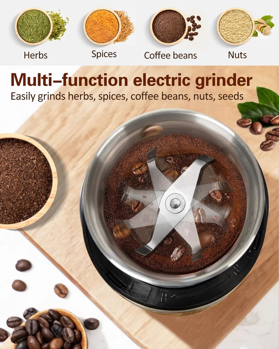 COOL KNIGHT Molinillo De Café EléCtrico, Molinillo De Cafe Con Cuchara Para Café Y 1 Recipiente De Molienda De Acero Inoxidable. Capacidad De 100g, Adecuado Para Especias, Granos De Café, Nueces, Etc.
