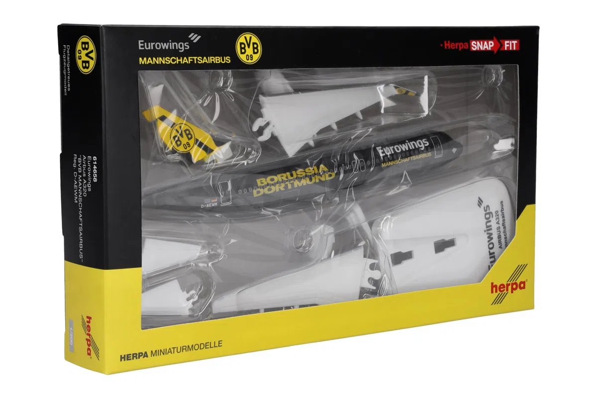 Herpa Miniatura del avión Eurowings Airbus A320 BVB Mannschaftsairbus (2025) - Snap-Fit, Escala 1/200, Modelo prefabricado, maqueta de colección, modelismo, avión con Soporte, Figura plástico