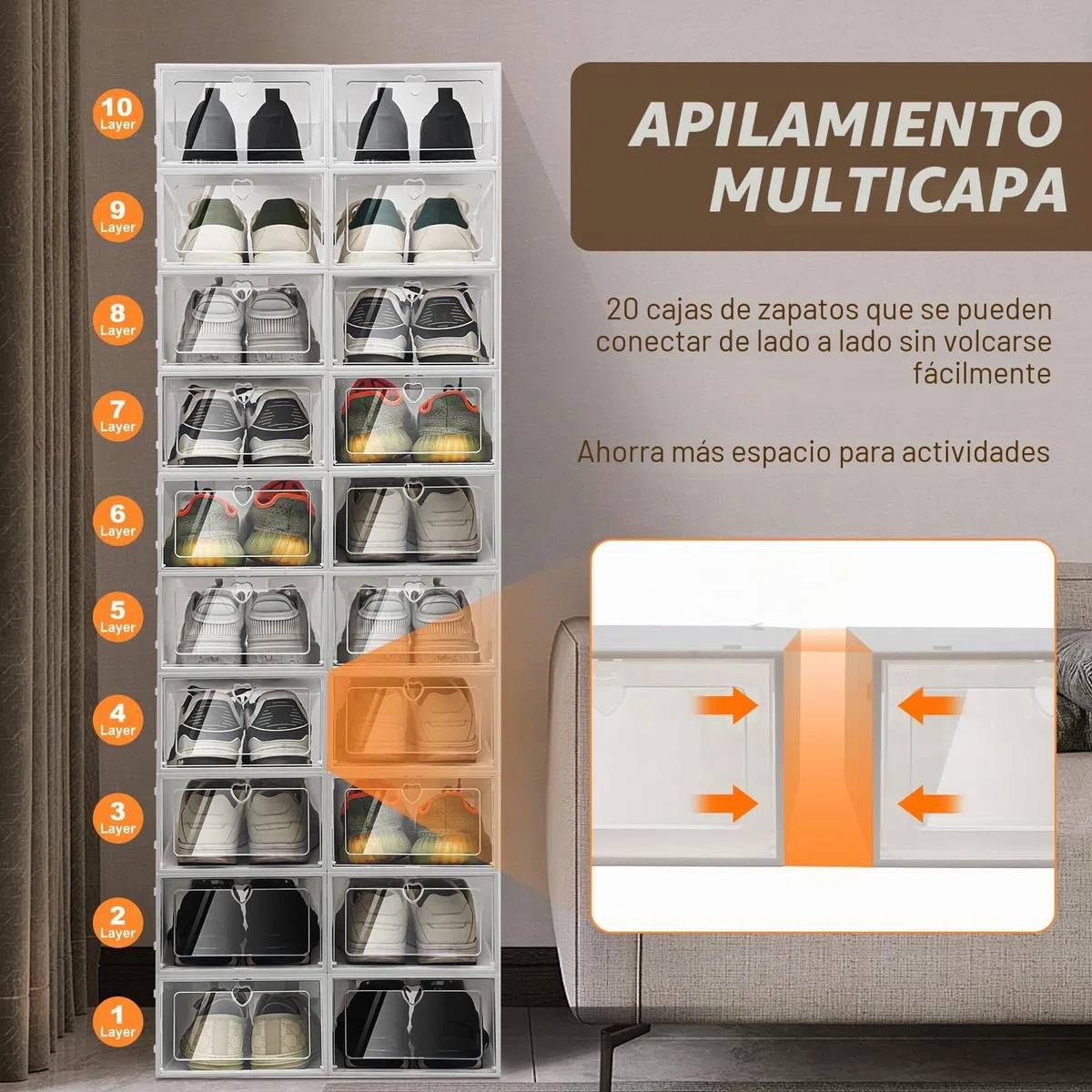 20 cajas para zapatos apilables de plástico transparente con tapa, ahorro de espacio, 33 x 23 x 14 cm