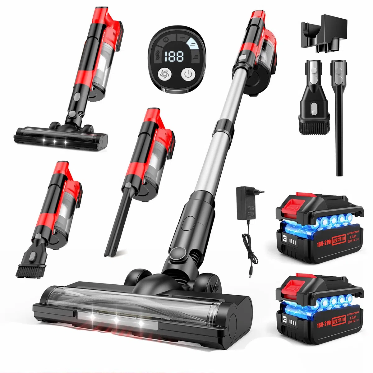 60 Kpa Aspiradora Sin Cable,700W/70Mins Escoba Aspiradora Sin Cable con Baterías Desmontables de 2*4,0Ah,Cepillo Anti-Enredo,Pantalla LED,2L Aspirador Inalámbrico para Mascotas/Alfombras/Suelos Duros