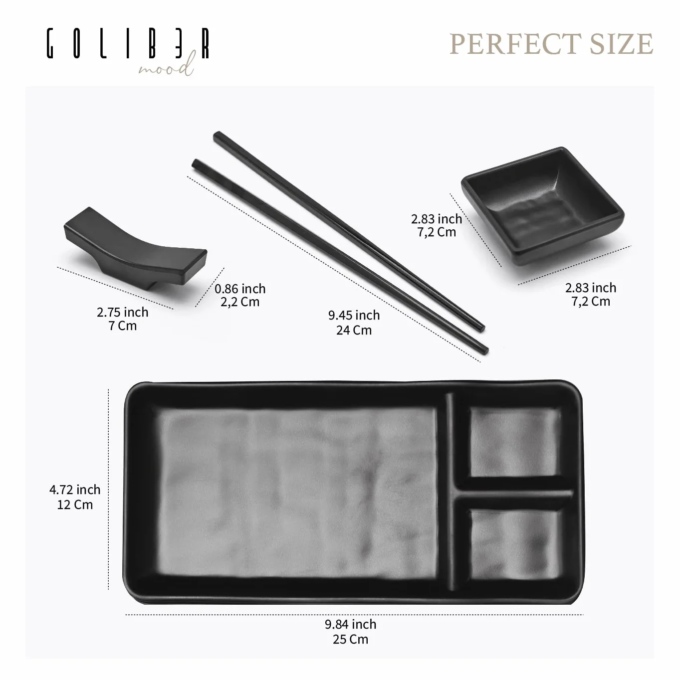 Vajilla Sushi Japonés (16 Piezas) – 4 Platos Individuales (19 X 14 Cm), 4 Tazones Para Salsa, 4 Pares De Palillos, 4 Soportes Para Palillos. En Melamina. Negro
