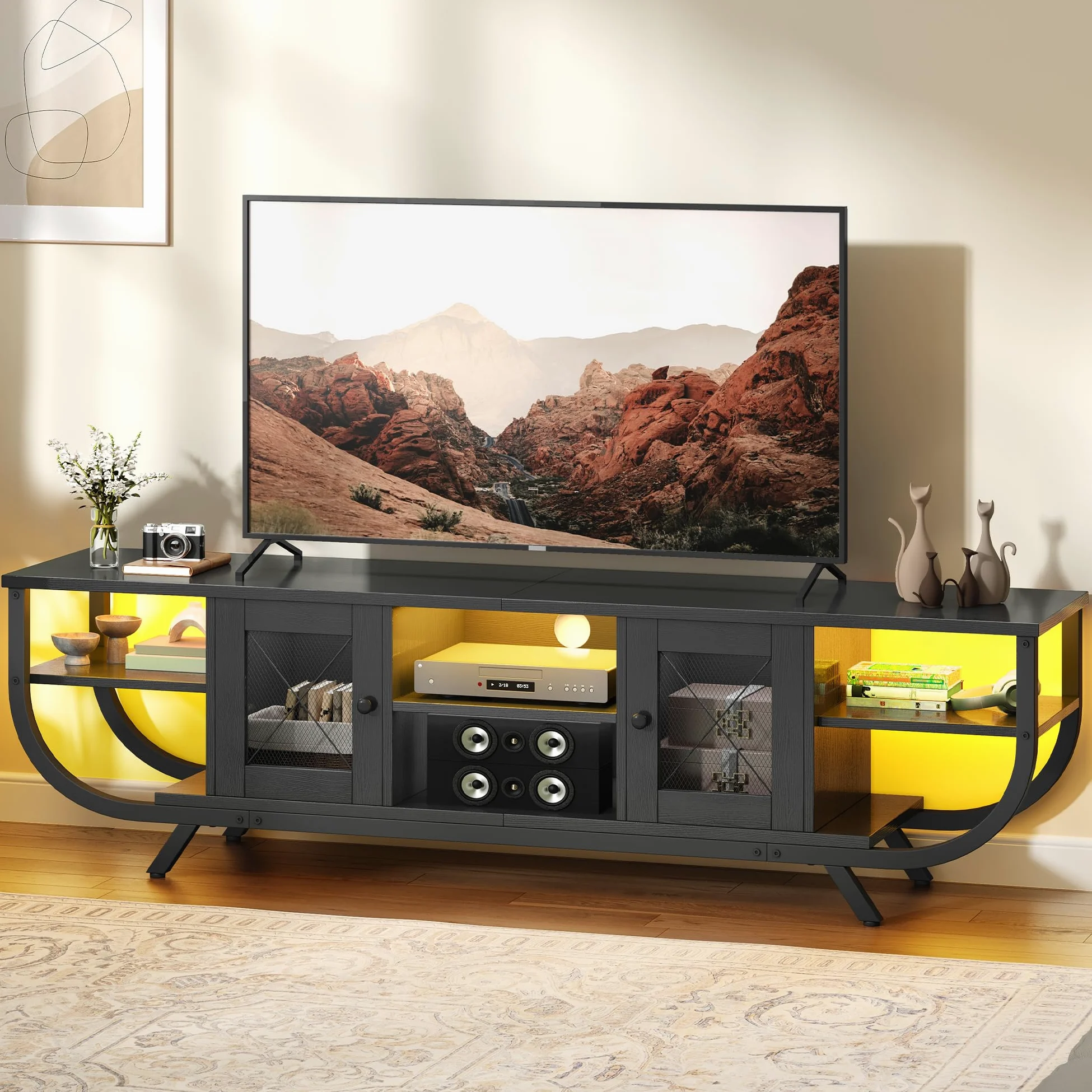 YITAHOME Industrial Mueble de TV, Mesa de TV de hasta 65 Pulgadas, 160 cm Mueble TV Salon con LED, Estantes Abiertos Centro de Entretenimiento Alto para Salón, Dormitorio, Negro