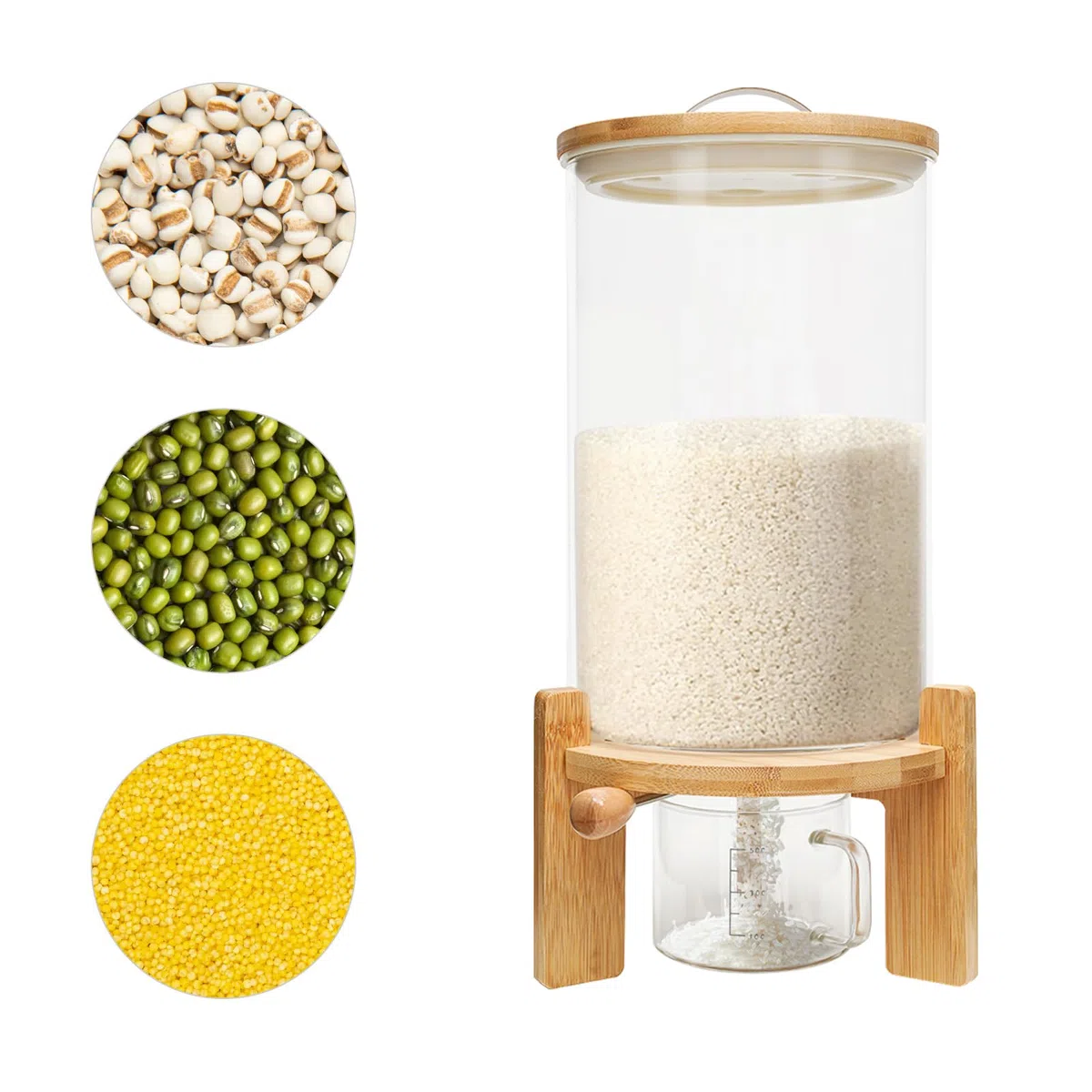 Dispensador de arroz, dispensador de cereales, tarros de cristal con tapa, dispensador de alimentos con vaso medidor de cristal para judías, arroz, cereales, a prueba de humedad y polvo (tamaño: