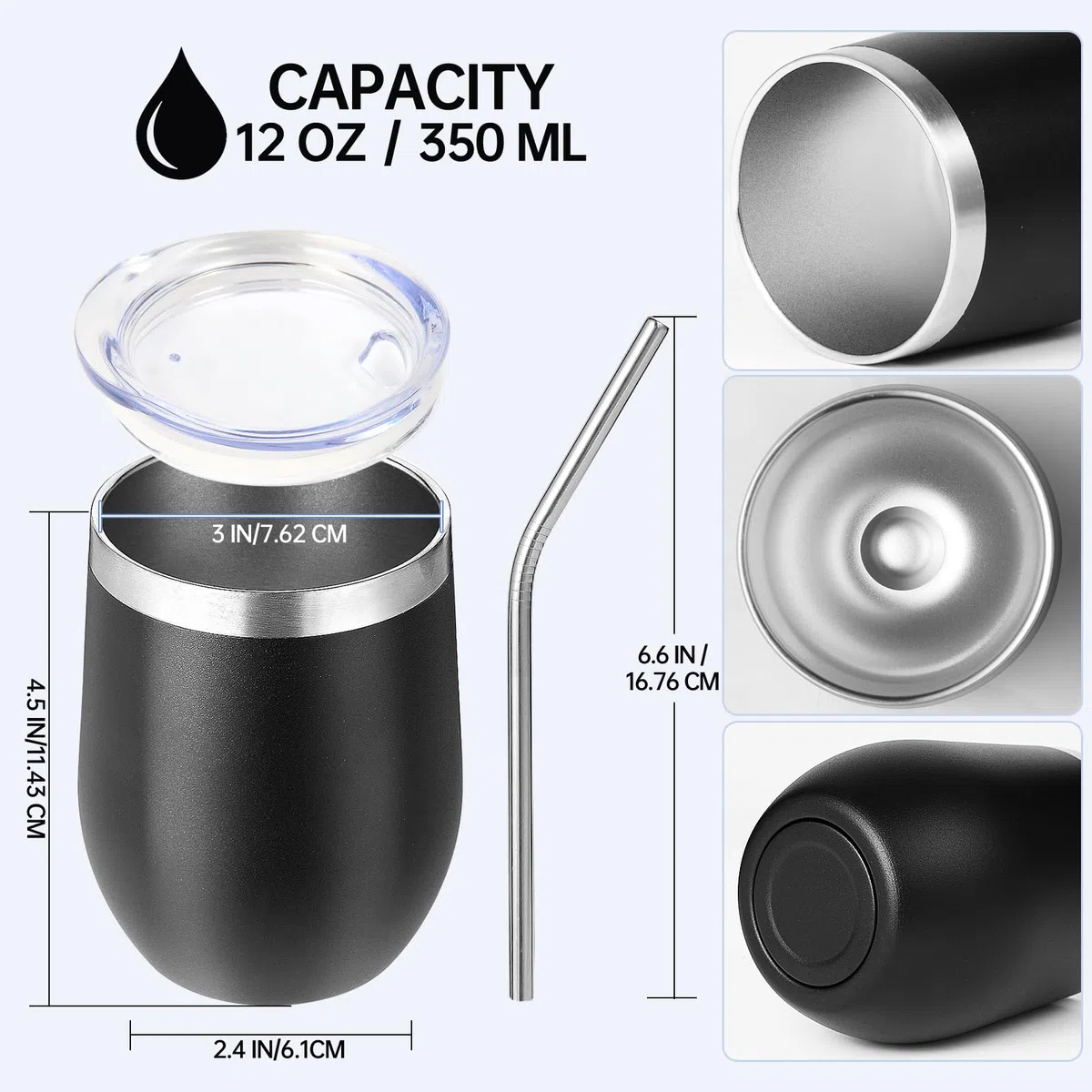 Volhoply Vaso de vino de acero inoxidable de 12 onzas con tapa a granel, paquete de 4, 350ml copas de vino sin tallo de doble pared al vacío, taza de café de viaje de metal con pajita, taza aislada