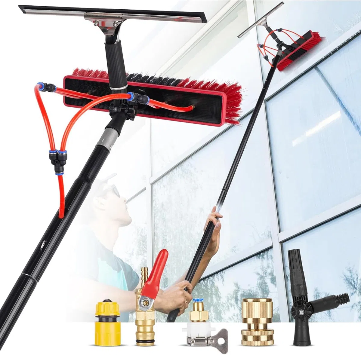 Kit de cepillo de limpieza de panel solar ajustable de 18 pies, sistema de poste de alimentación de agua para lavado solar y ventanas sin esfuerzo, perfecto para propietarios de viviendas y