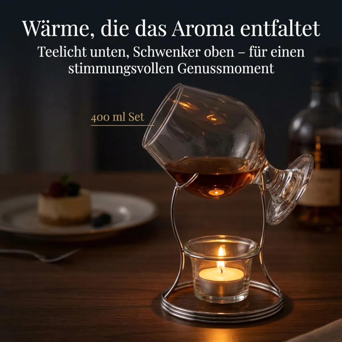 MIJOMA Brandy Warmer Set de regalo – Calentador de coñac con cristal giratorio de 400 ml, soporte de acero inoxidable y portavelas de cristal, aroma para los amantes