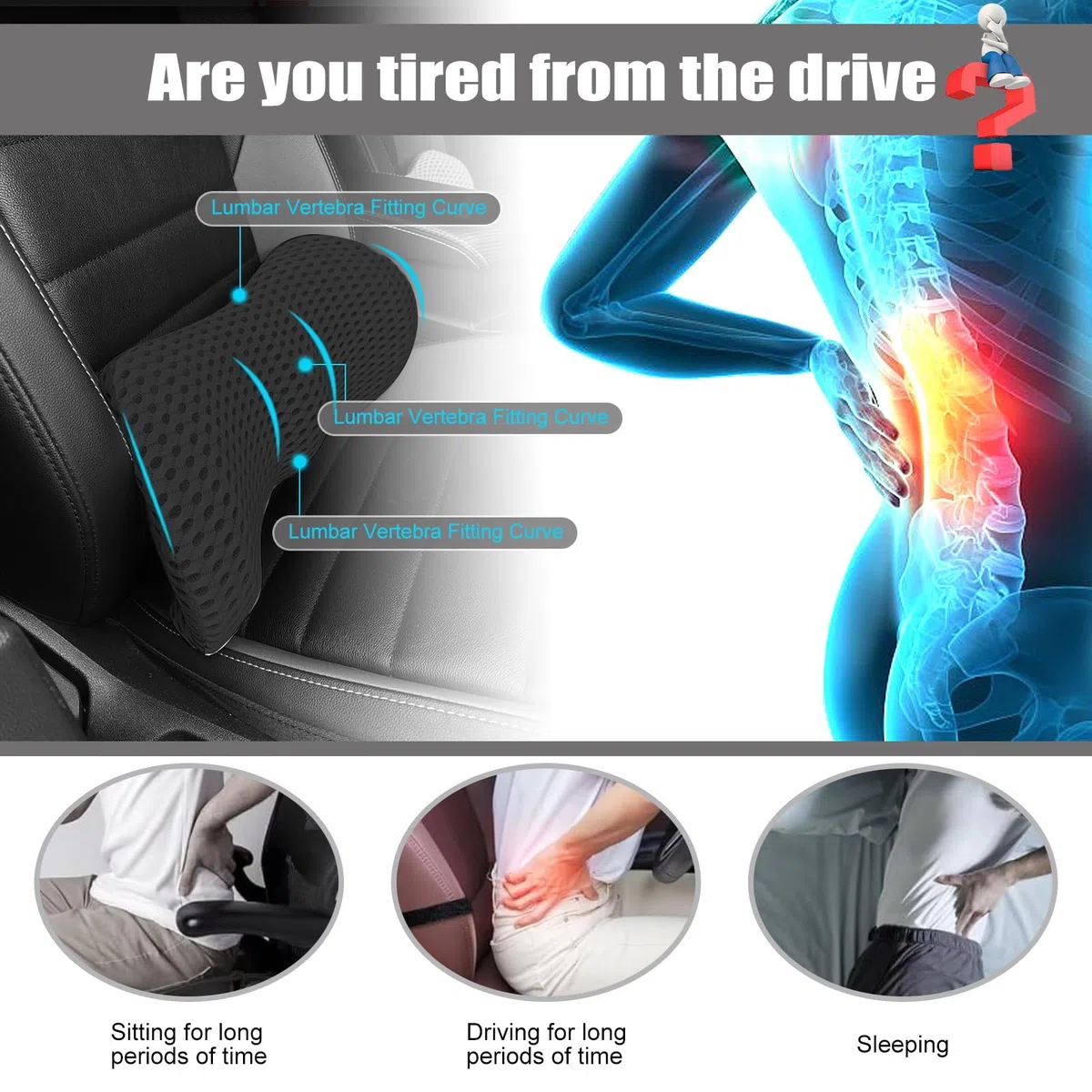 EPROICKS Cojin Lumbar, Cojín Lumbar Dormir, Cojín Lumbar Cama, Almohada Lumbar para Coche, Silla Oficina, Cama, Sofa Soporte Lumbar (Negro)
