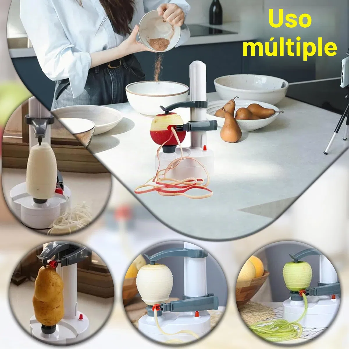 ARSUK Peladora eléctrica multifunción Peladora de Manzana giratoria automática Peladora de Patatas Máquina de Corte de Verduras Herramienta de pelado de Cocina de Acero (Blanco)