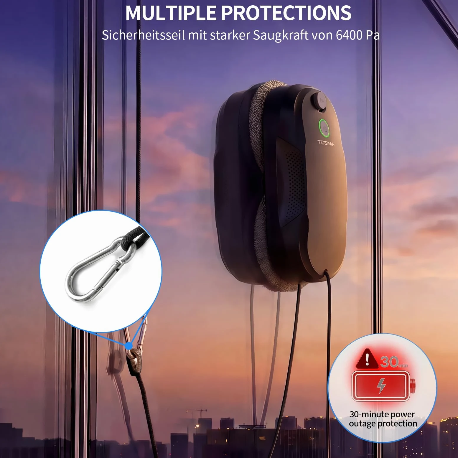 Tosima W5 6400 Pa Robot de Limpieza de Ventanas, pulverizador ultrasónico Doble, Limpiador de Cristales automático, Control Remoto, 20 paños de Microfibra