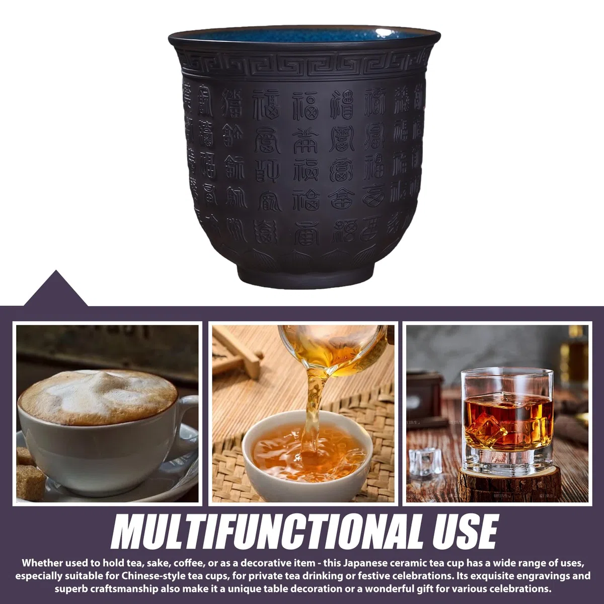 GOMETY Juego de 4 tazas de té japonesas, 165 ml, tazas de té asiáticas pequeñas, tazas de cerámica sin asa, tazas de té de porcelana con texto de buena suerte en relieve para té, sake café regalos