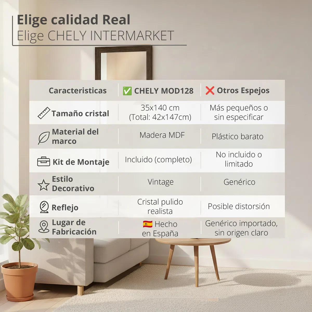 CHELY INTERMARKET MOD128 Espejo Pared Vertical Decorativo Grande Estilo Moderno Marco Madera Cuerpo Entero Elegante 35x140 cm Nogal Ideal Recibidor Dormitorio Baño Incluye Kit Montaje