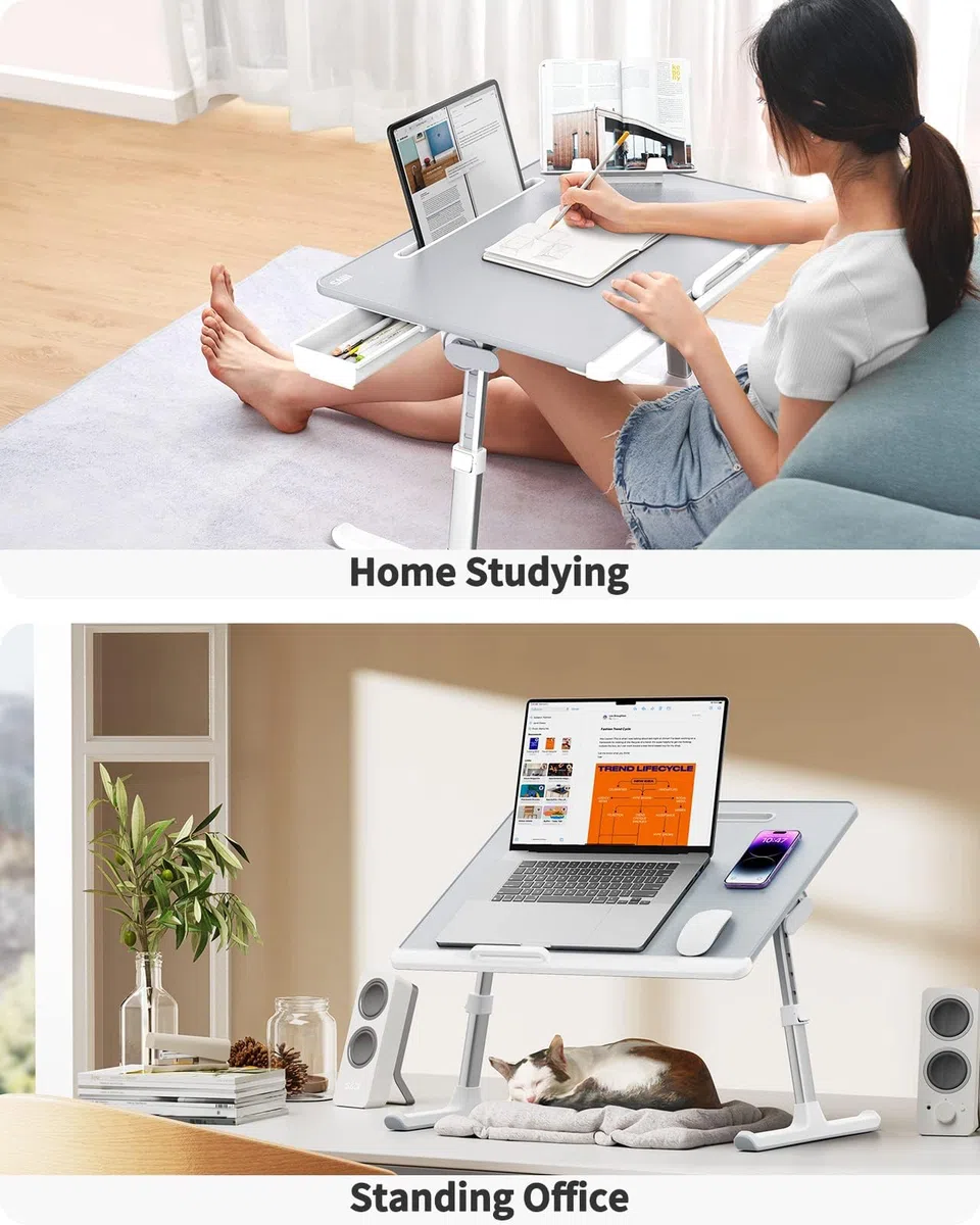 Mesa plegable SAIJI de 60 x 45 cm para cama, escritorio multiusos de alta calidad, ángulo de altura ajustable, con soporte para libros, cajón, ranura para tableta, para comer, trabajar, escribir