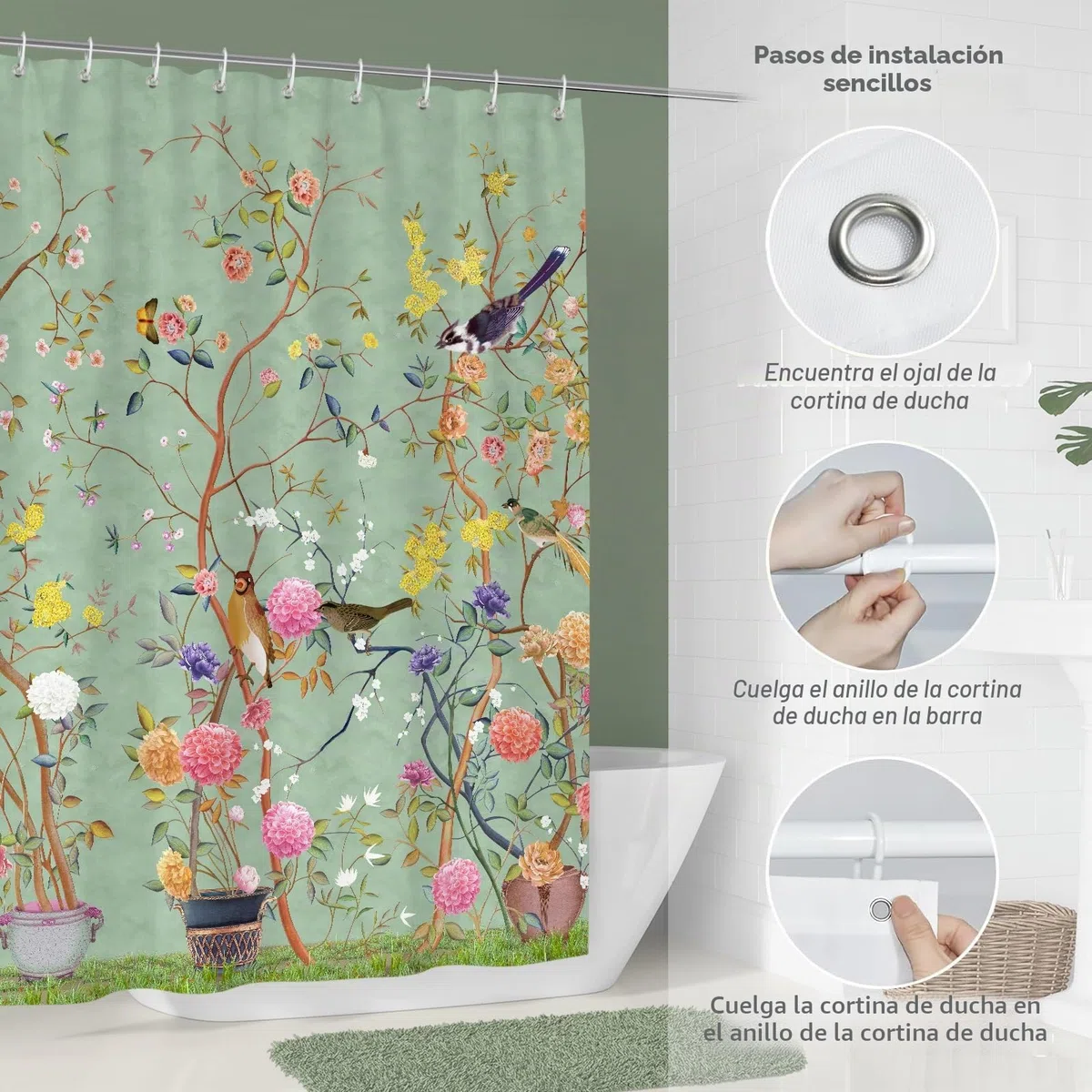Cortina de Ducha con diseño artístico con Fondo Verde, Motivos de árboles, pájaros y Flores, Cortina de Ducha Impermeable para la decoración del baño, 180 x 180 cm con 12 Ganchos