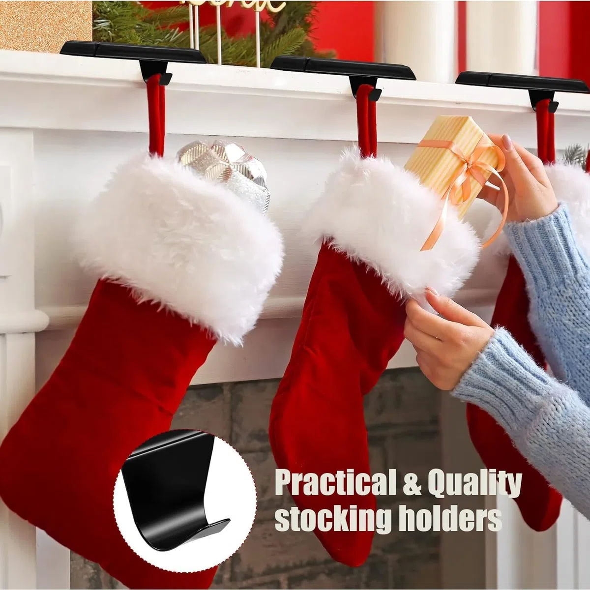 Bases de soporte para calcetines de Navidad, ganchos para colgar calcetines de repisa, ganchos para chimenea, perchas con peso para decoración navideña (2 negros, 2)