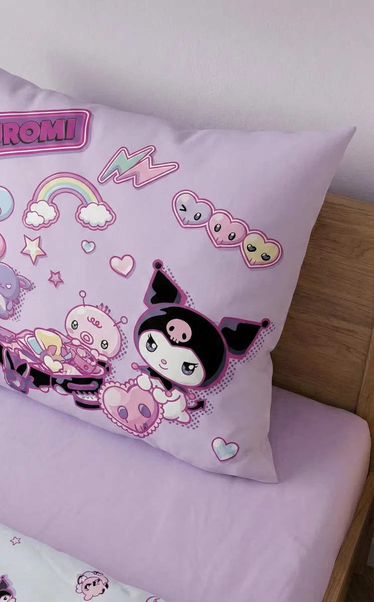 Kuromi Funda Nórdica Cama 90 140x200 + Funda Almohada 70x90 Lila Rosa Niña | Ropa de cama reversible | Microfibra ultra suave secado rápido Oeko-Tex | Sanrio oficial | Niña | Regalo | Idea regalo