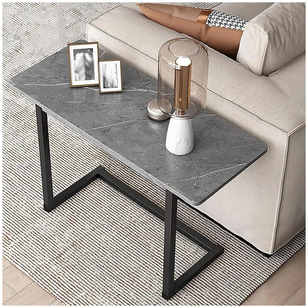 Mesa auxiliar estrecha en forma de C con marco de acero superior de mármol sintético para espacios pequeños, color gris
