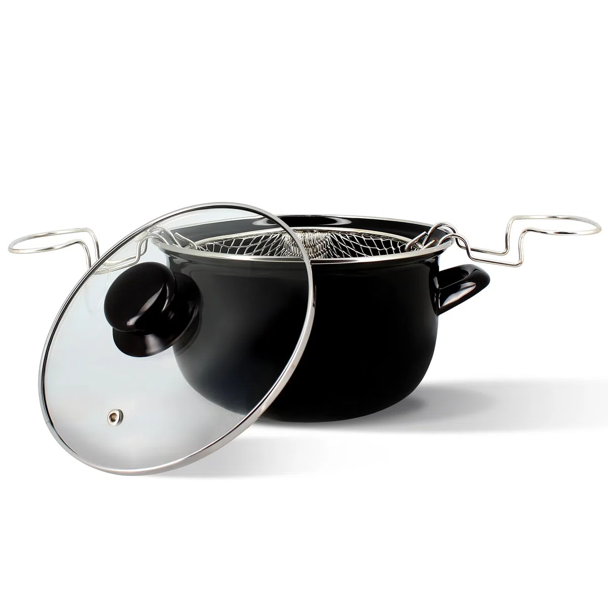 MENASTYL 3645579 - Freidora de 20 cm de acero esmaltado negro y borde cromado, incluye tapa y cesta, para deliciosas patatas fritas caseras