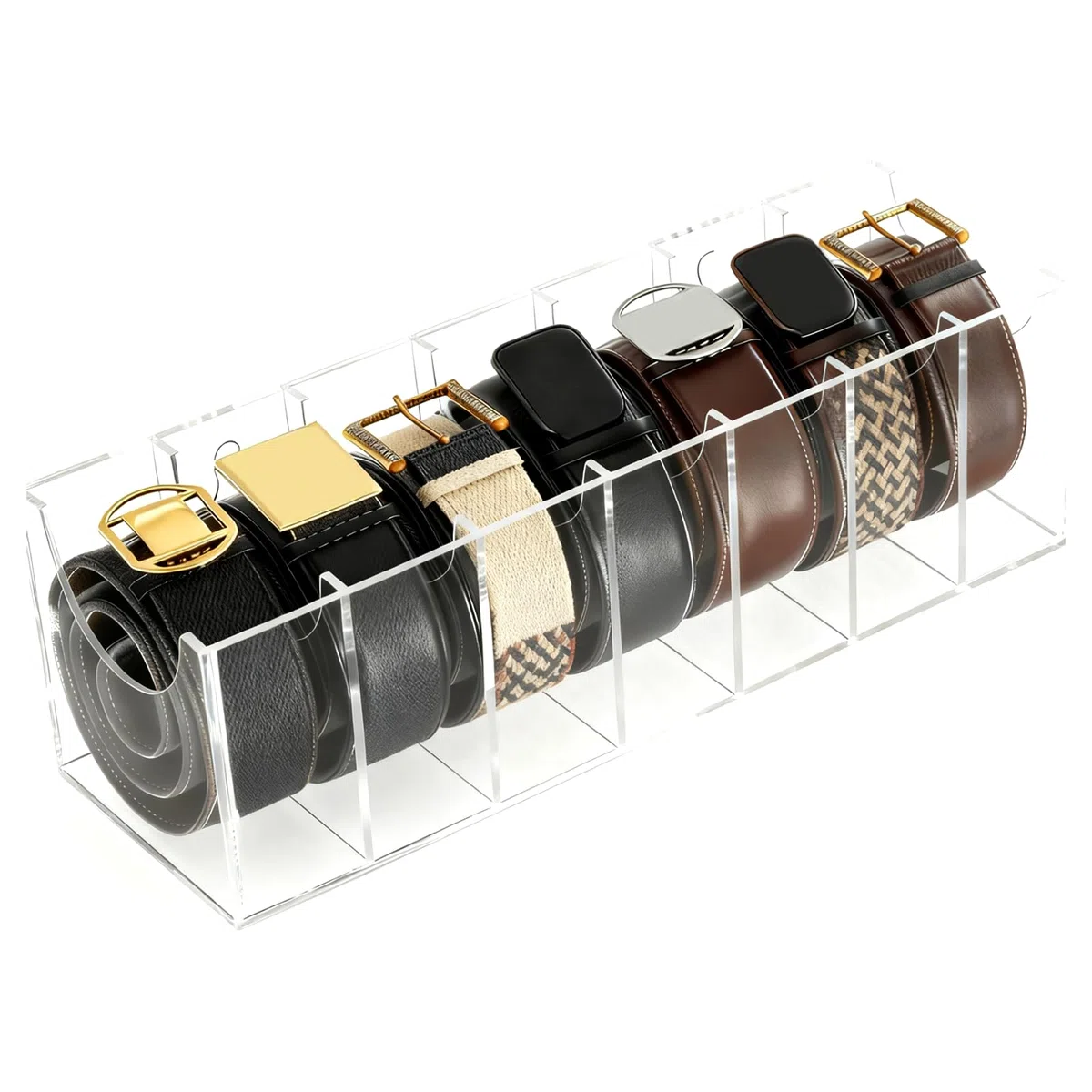 Caja organizadora de acrílico con 7 compartimentos y diseño de cajón. Ideal para organizar y guardar corbatas y cinturones en los cajones del armario.