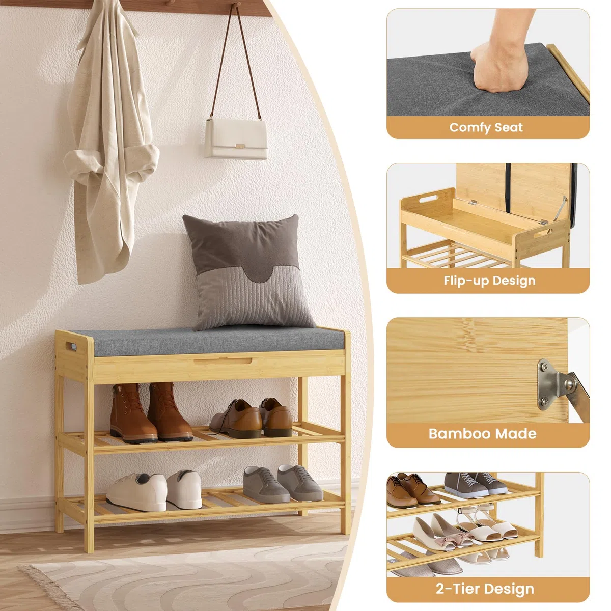 WOLTU Banco Zapatero de Bambú, Banco para Zapatos de 2 estantes, Zapatero con Caja Olculta y Asiento Acolchado, Organizador para Entrada, Baño, Dormitorio, Pasillo, 68x30x50cm