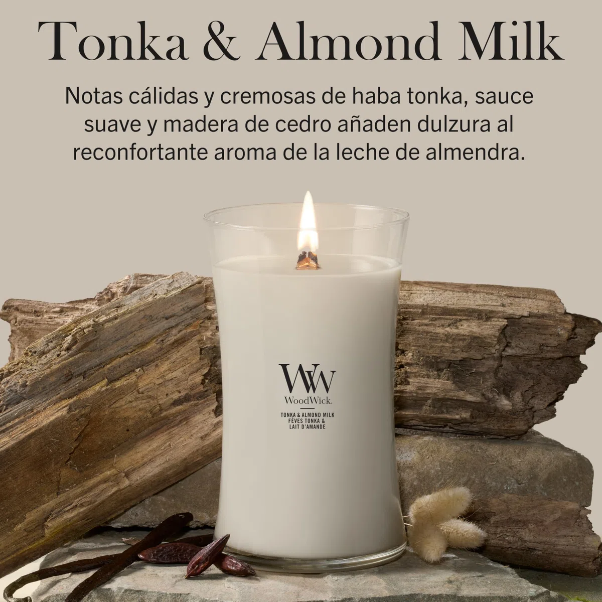 WoodWick | Vela grande | Tonka y leche de almendras | Gran regalo para mujeres