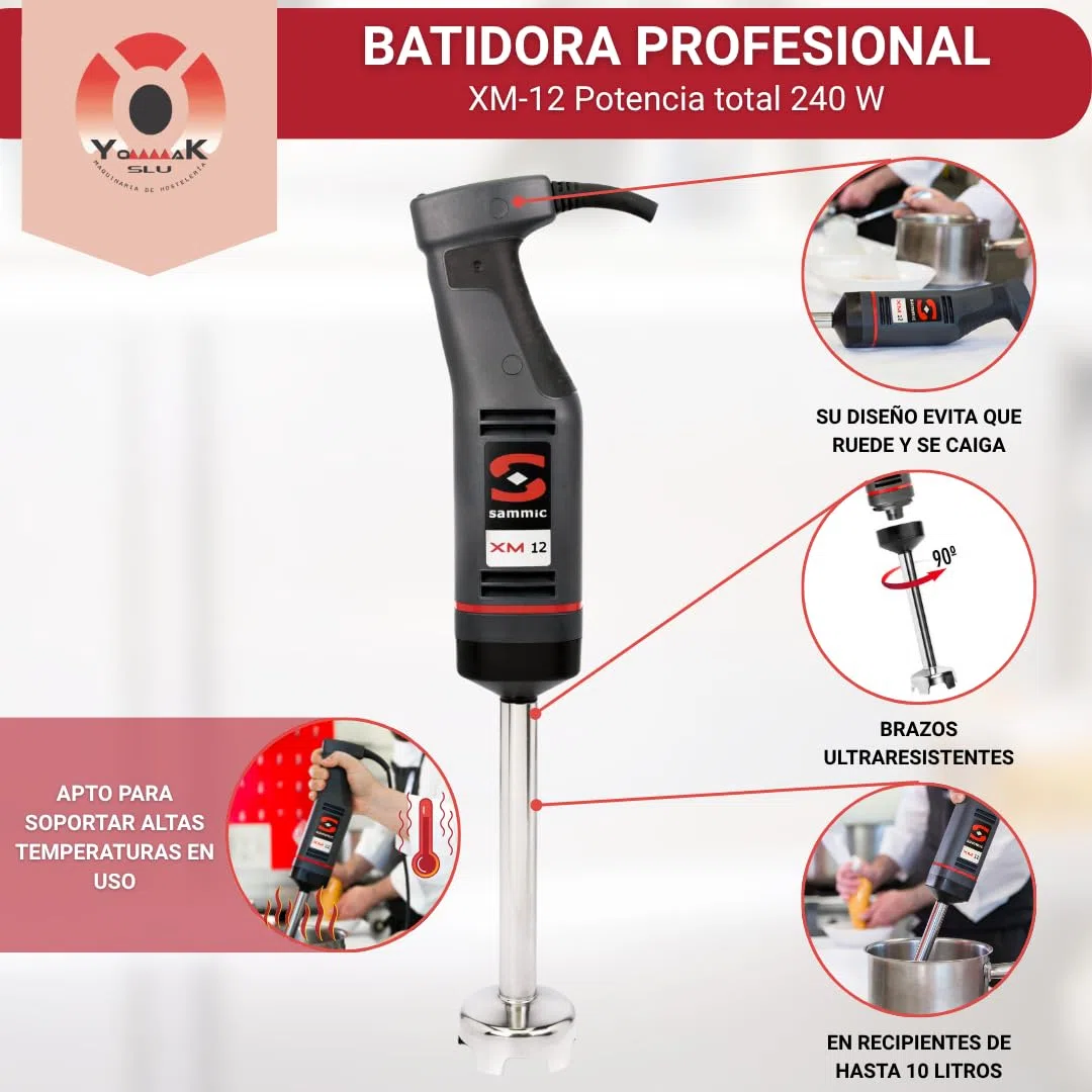 YOMMAK Batidora de Mano Industrial XM12 – 240W Triturador Profesional Cocina | Batidora Profesional Hosteleria Brazo Desmontable | Trituradora Comida Potente, Velocidad 1500–15000 rpm, NSF Hasta 10L