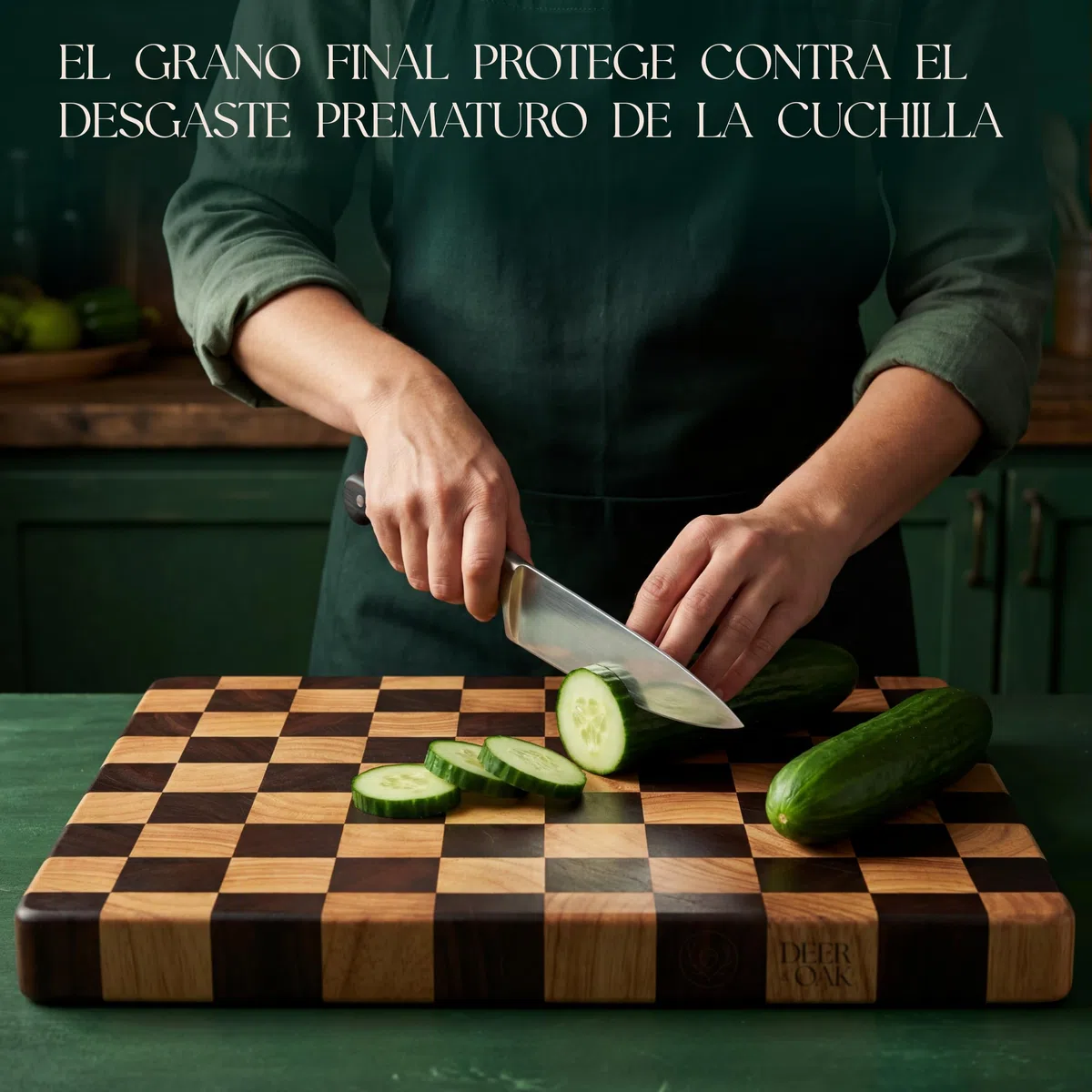 Deer & Oak Tabla de cortar de madera de acacia de veta final con patrón de tablero de ajedrez - 45 x 31 x 3.5 cm, bloque de carnicero preaceitado certificado FSC con asas laterales, se dobla como
