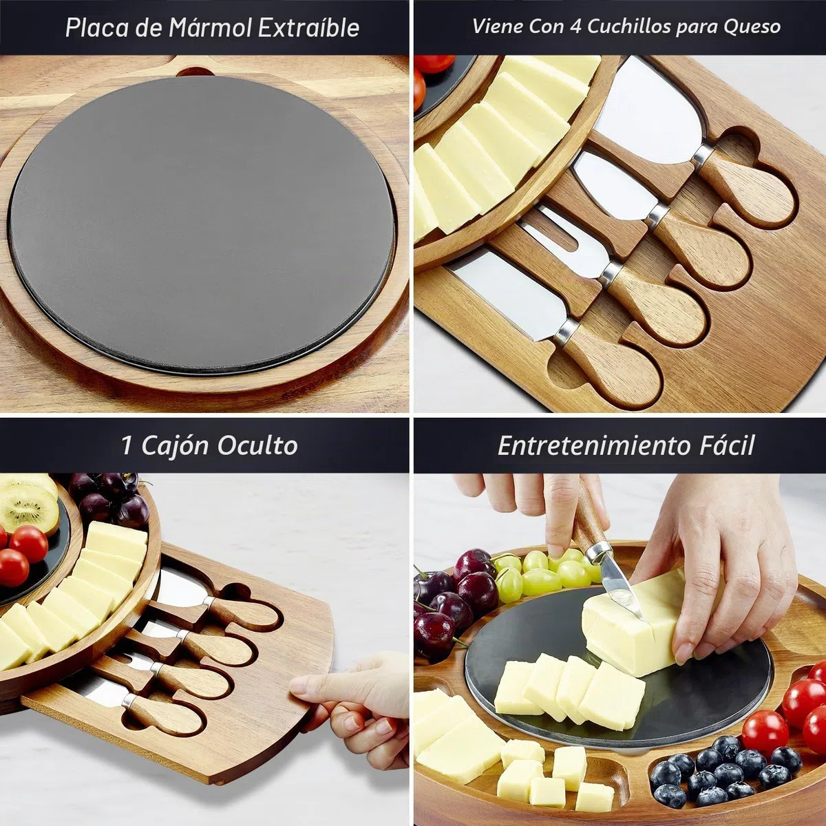RAXCO Juego de regalo de tabla de queso de madera de acacia con placa de pizarra, tabla redonda de embutidos de 32 cm con cajón oculto y 4 cuchillos de queso especializados