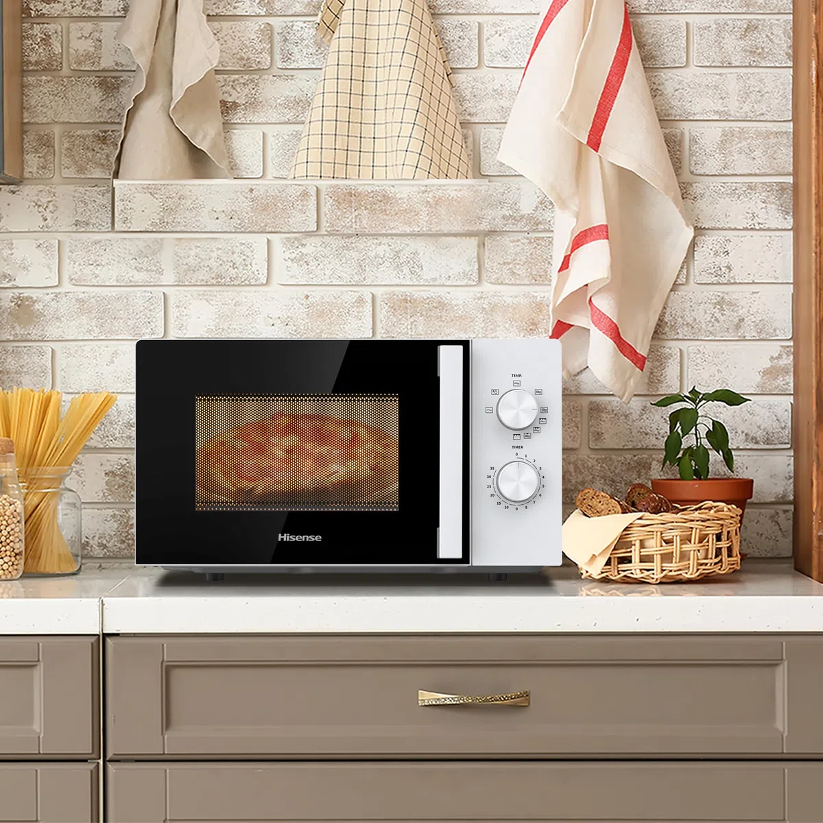 Hisense H20MOWP1HG - Microondas con Grill 20L, 1000W, Revestimiento Cerámico, Cristal Premium, 5 Niveles de Potencia, Función de Descongelación, Fácil Limpieza, Temporizador cocción, Blanco