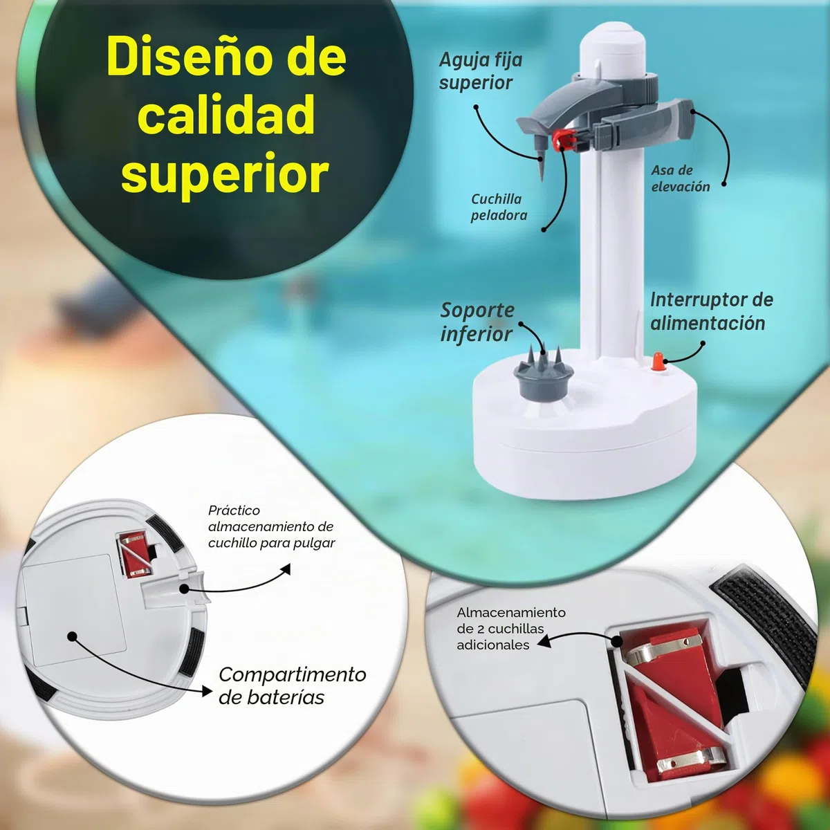 ARSUK Peladora eléctrica multifunción Peladora de Manzana giratoria automática Peladora de Patatas Máquina de Corte de Verduras Herramienta de pelado de Cocina de Acero (Blanco)