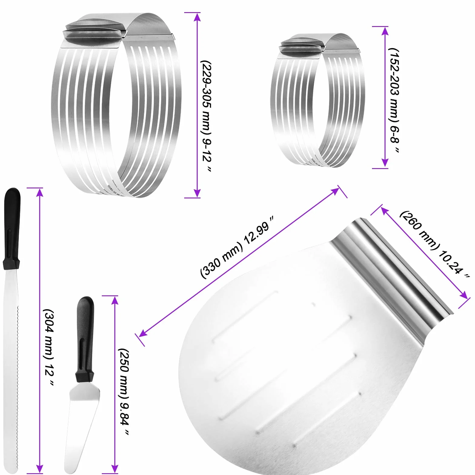 Juego de 5 Piezas de Ayuda de Corte para Tartas, Juego de Accesorios para Tartas con Base de Pastel, Ayuda de Corte Ajustable de 6-8 Pulgadas, Cuchillo de pastelería, Servidor de Pasteles