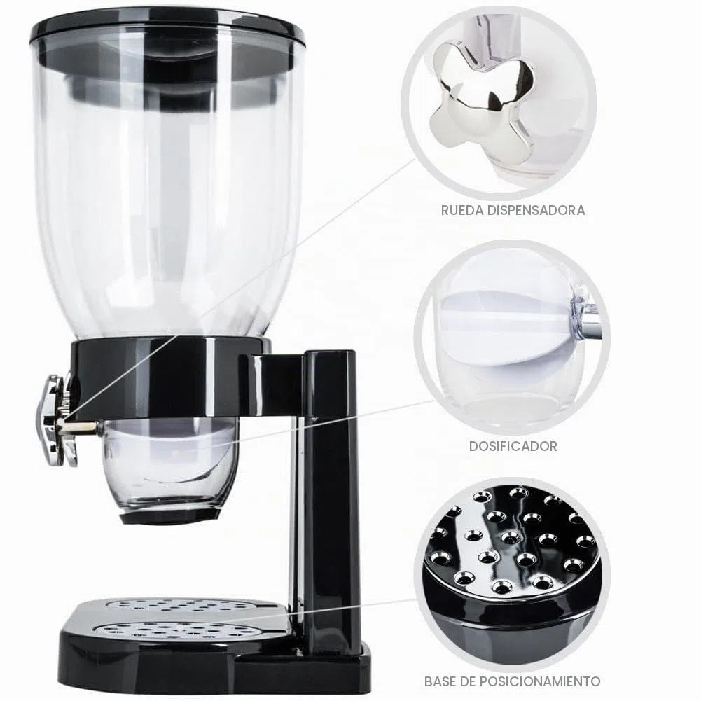 BAKAJI Dispensador de Almacenamiento dosificador dispensador de Cereales Pasta Dulces Frutas secas con Rueda Doble contenedor de 8 litros y dosificador Interno (Negro)