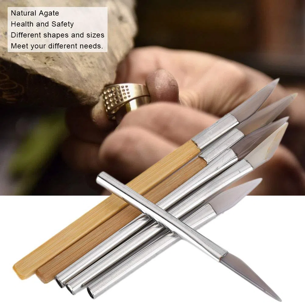 Cuchillo de ágata, bruñidor de pulido de ágata, juego de bruñidor de ágata con filo de cuchillo, herramientas de pulido artesanales, tallado de metales preciosos con bambú