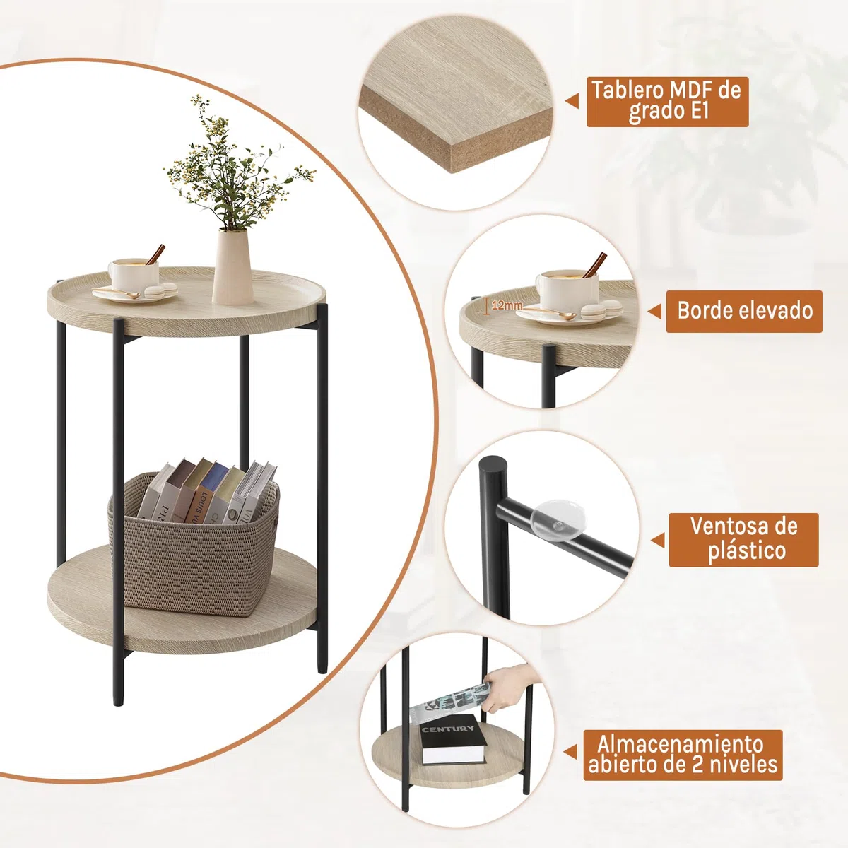 WOLTU Mesa de Centro, Mesa Auxiliar Redonda con 2 Estantes, Mesita de Noche, Mesilla para Sofá Dormitorio y Salon, MDF+Metal, Roble Claro y Negro, 43x43x51 cm, BTS06hei