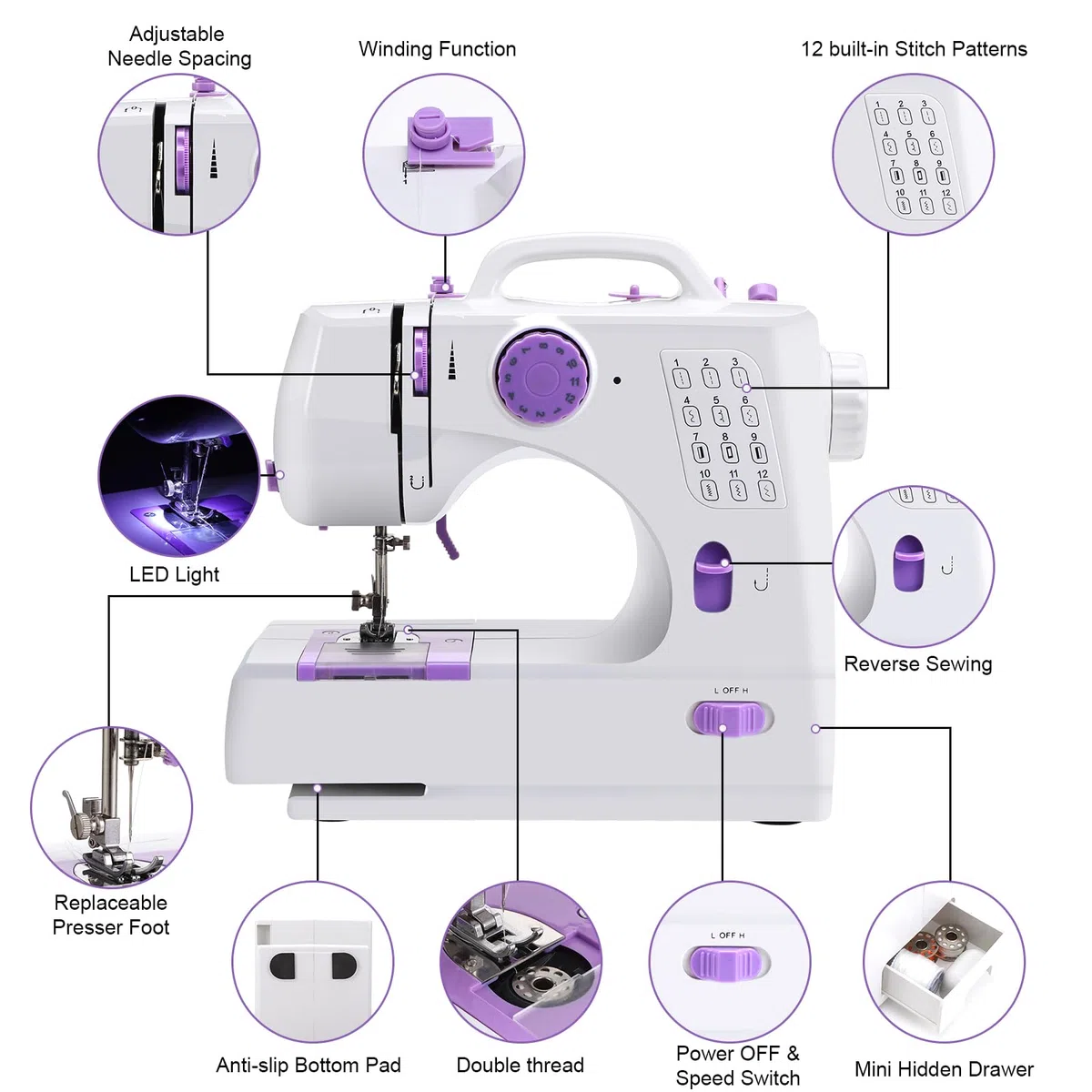 Máquina de coser icyant 12 puntadas, máquina de coser eléctrica multifunción mejorada mini máquina portátil máquinas de coser para principiantes doble hilo, dos velocidades, pedal de puntada inversa