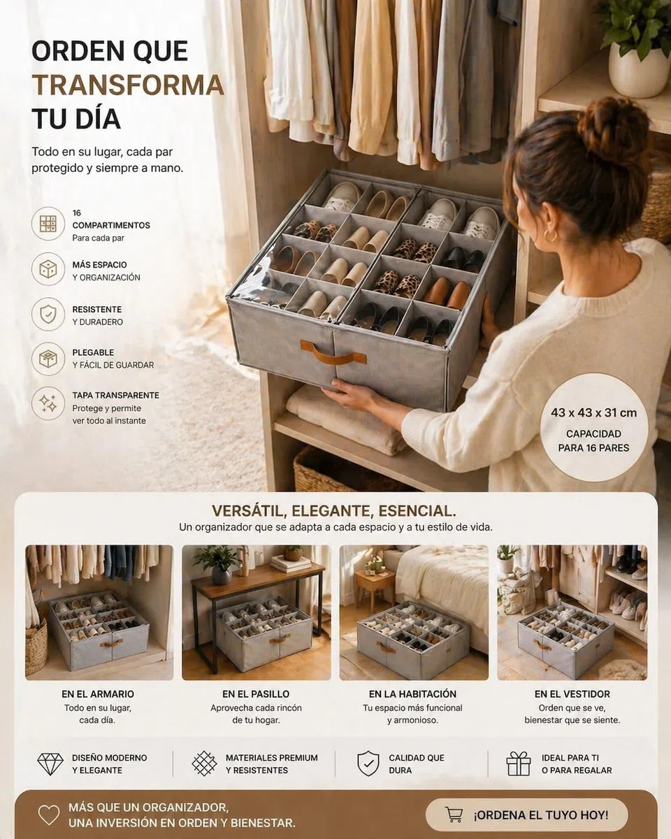 Genérico Organizador de Zapatos Ajustable 16 Compartimentos – Caja Organizadora con Separadores Flexibles, Multiuso para Zapatos Grandes, Ropa y Accesorios – Plegable con Tapa Transparente