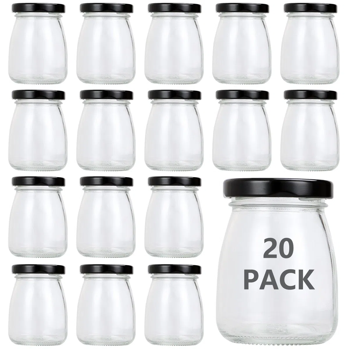 20 tarros de yogur de 100 ml con tapa negra, frascos pequeños de cristal, mini botellas de cristal para mermelada, miel, gelatina, mousse, especia