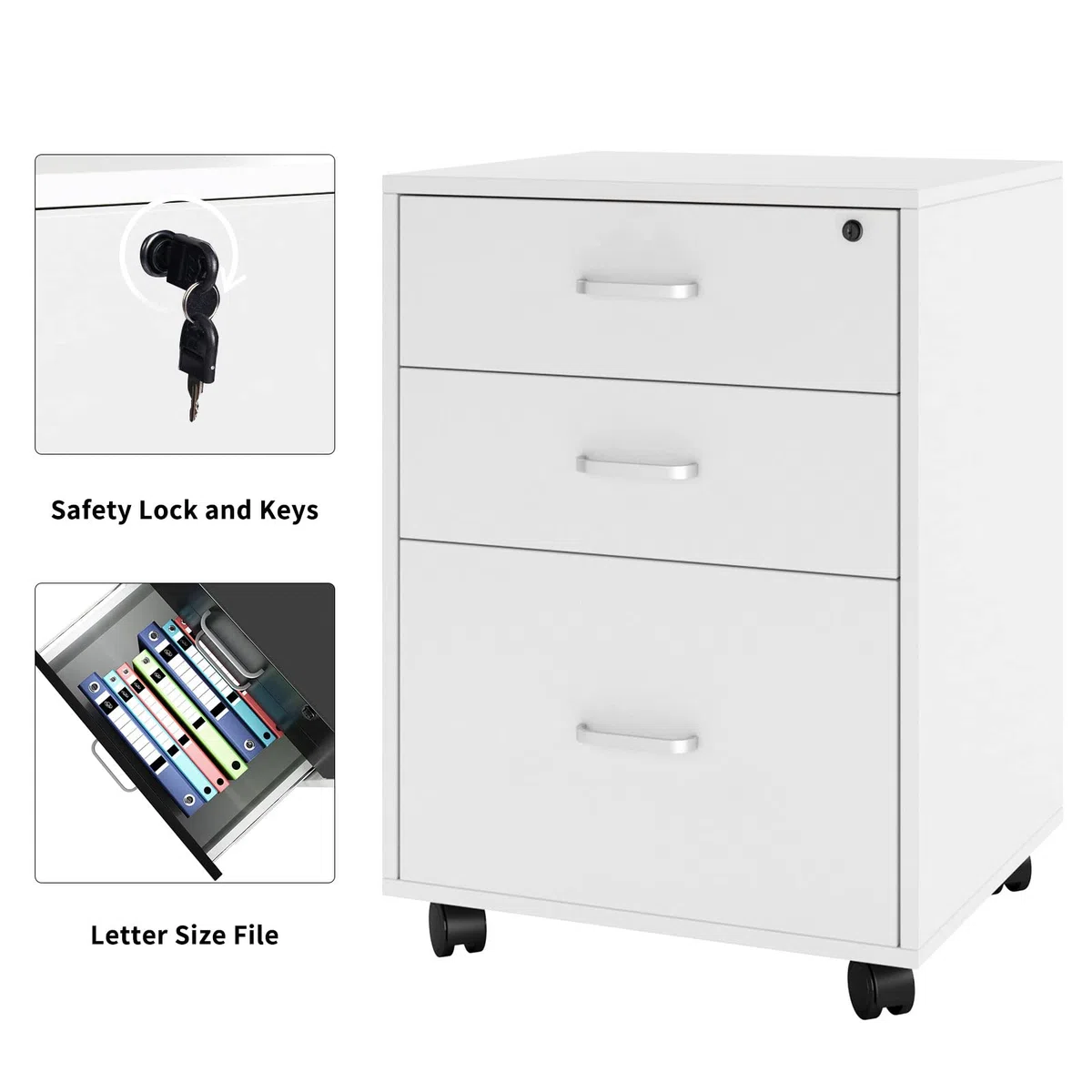 SDHYL Cajonera de Oficina Armario Archivador de Oficina 3 Cajones con Ruedas Cajón Superior con Cerradura Archivador Móvil Gran Espacio de Almacenamiento para Oficinas Hogares Blanco