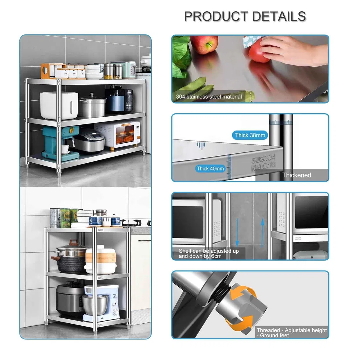Estantes de almacenamiento de cocina de 3 niveles, estantes de metal ajustables en altura de acero inoxidable 304, estante de almacenamiento de alimentos y bebidas, estante de almacenamiento de