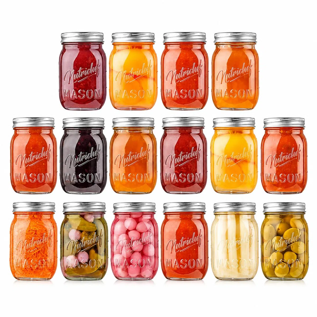 NutriChef set de 16 frascos de vidrio 470 ml con cierre hermético multiuso para meal prep, mermeladas, especias, miel, velas y decoración DIY