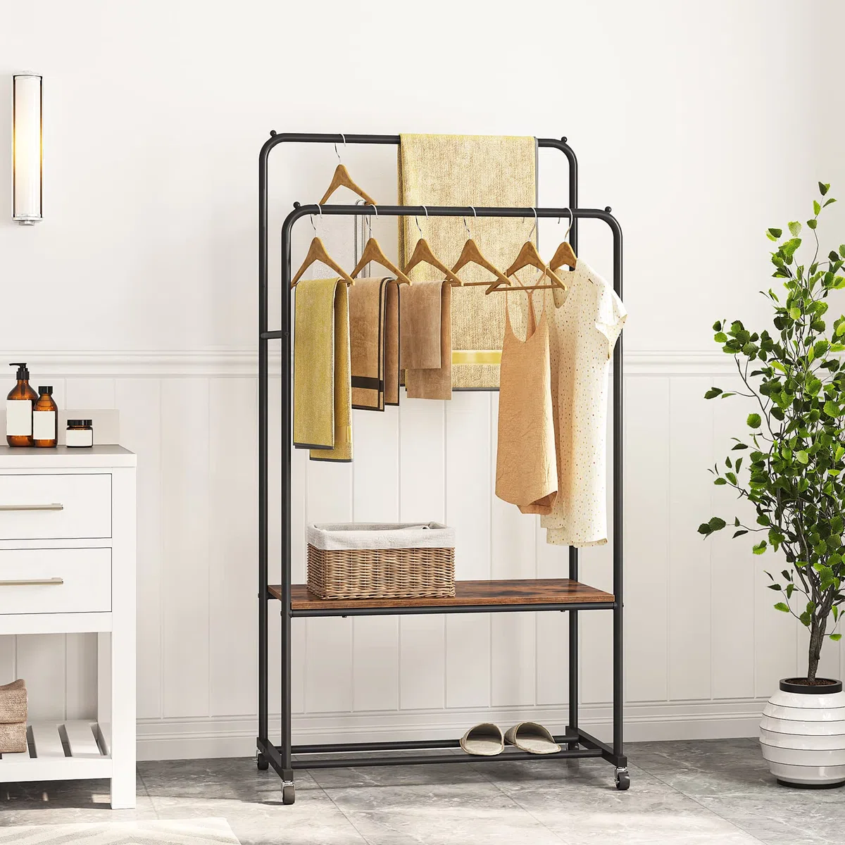 HOOBRO Perchero Burro Doble, Burro Ropa con Ruedas, Perchero Industrial con Estante, Perchero Burro Ropa Resistente, para el Dormitorio, Vestidor, Industrial, Marrón Rústico y Negro EBF22LY01