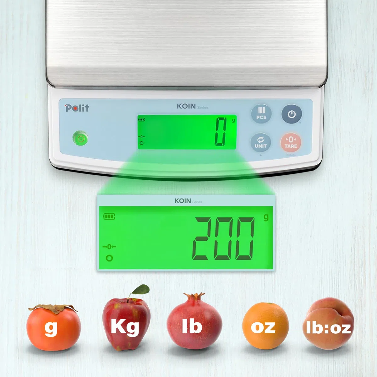 Polit KOIN - Báscula digital de cocina para alimentos, 40 lb/18 kg, precisión de 1 g, pantalla LCD, recargable, 5 unidades de peso (con adaptador de corriente)