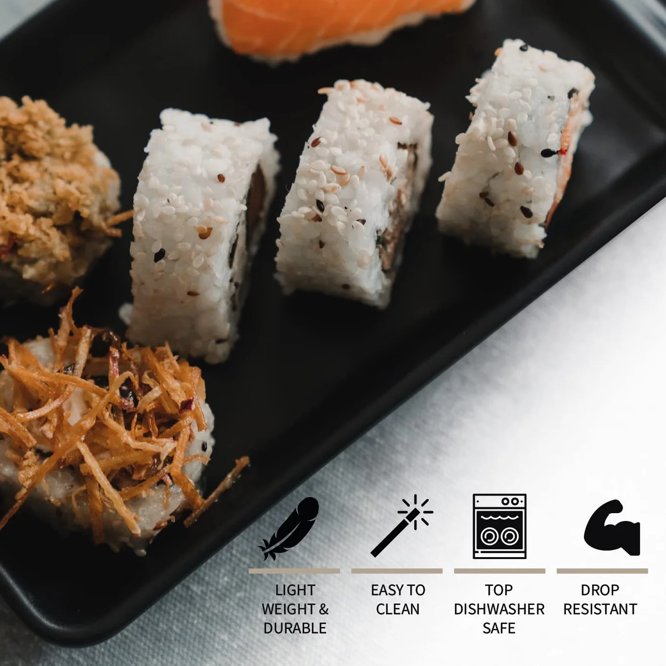 Vajilla Sushi Japonés (16 Piezas) – 4 Platos Individuales (19 X 14 Cm), 4 Tazones Para Salsa, 4 Pares De Palillos, 4 Soportes Para Palillos. En Melamina. Negro