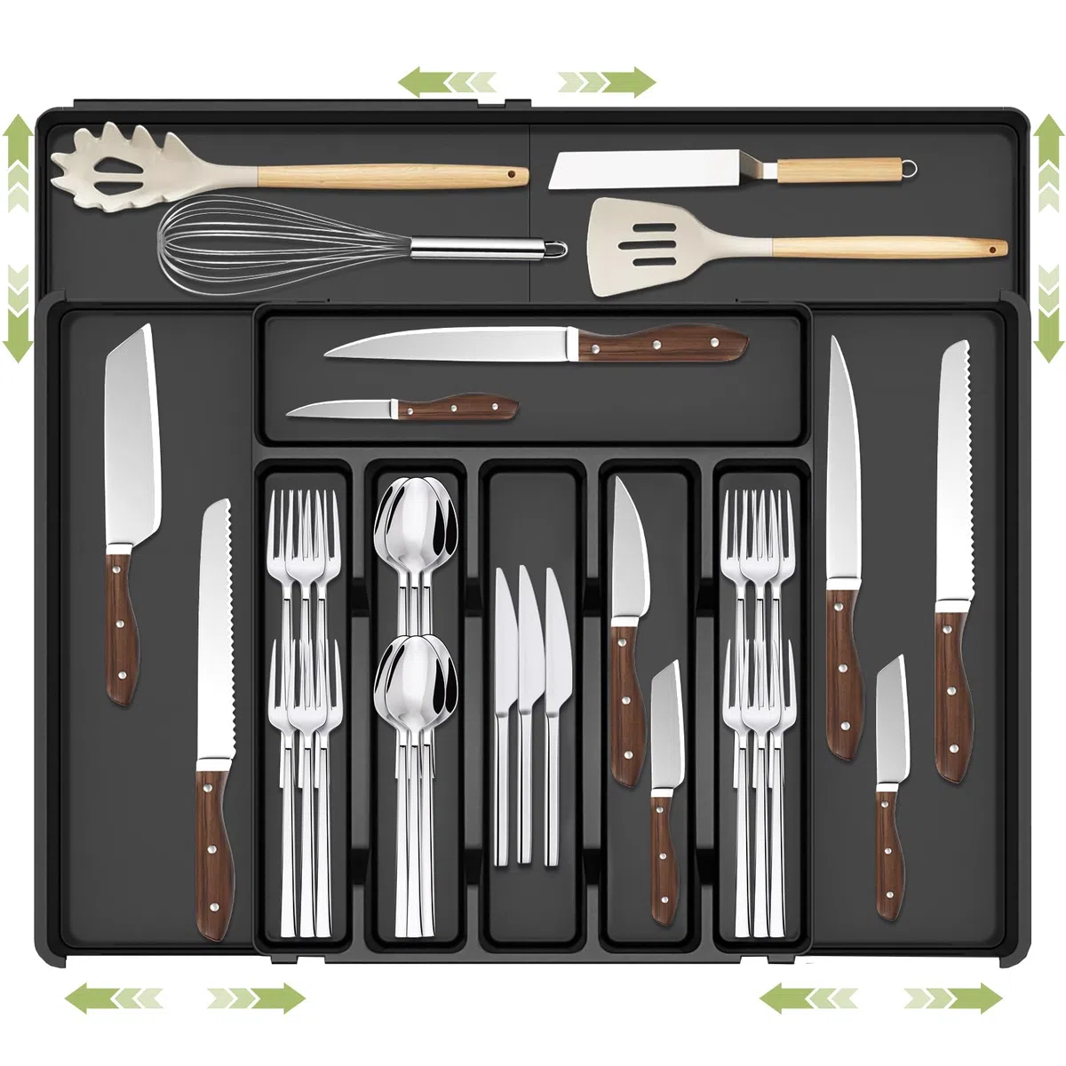 Charmofun Bandeja Cuberteros para Cajon Cocina, Organizador Cubiertos Extensible con 9 Compartimentos, Organizador Cocina Negro para Cucharas y Tenedores, Kitchen Organizer