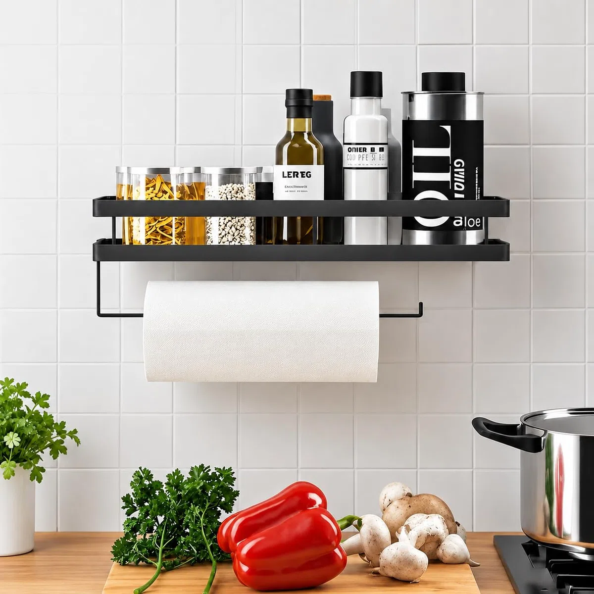 Especiero de Pared Sin Taladrar con Portarrollos de Cocina, Organizador de Cocina de Acero al Carbono Negro, Estante para Especias con 4 Ganchos para Utensilios y Paños
