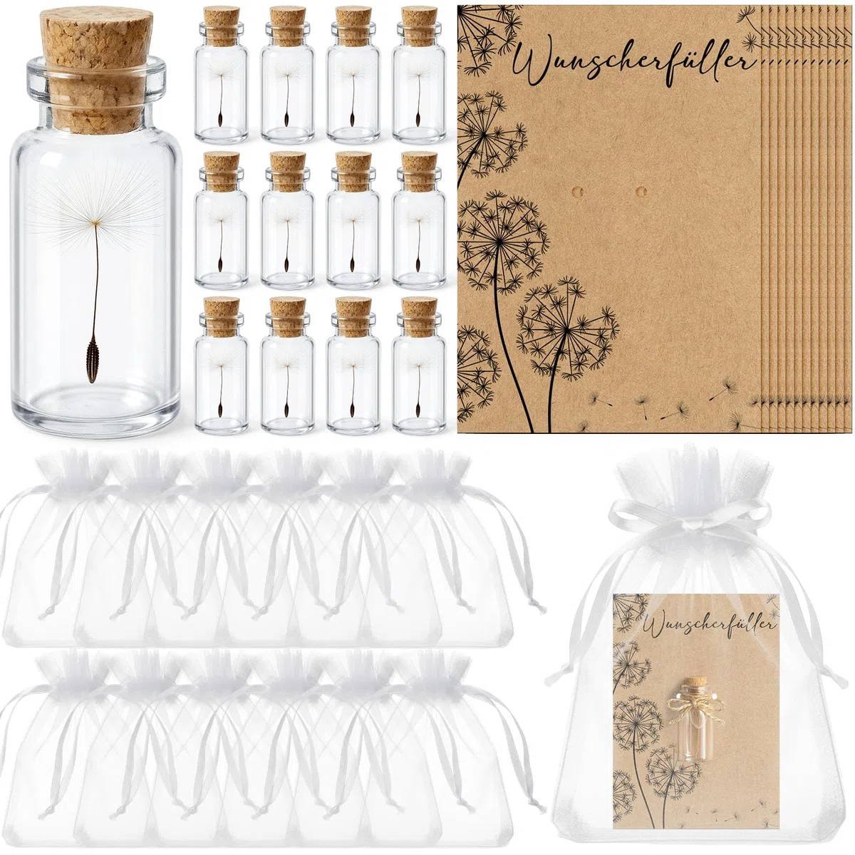 Geiserailie 12 Set Pequeño Concededor de Deseos Dientes de León en Frasco Tarjeta Bolsa de Organza Cuerda Regalo de Gracias Amuleto de Suerte Favores de Fiesta para Navidad Cumpleaños Boda