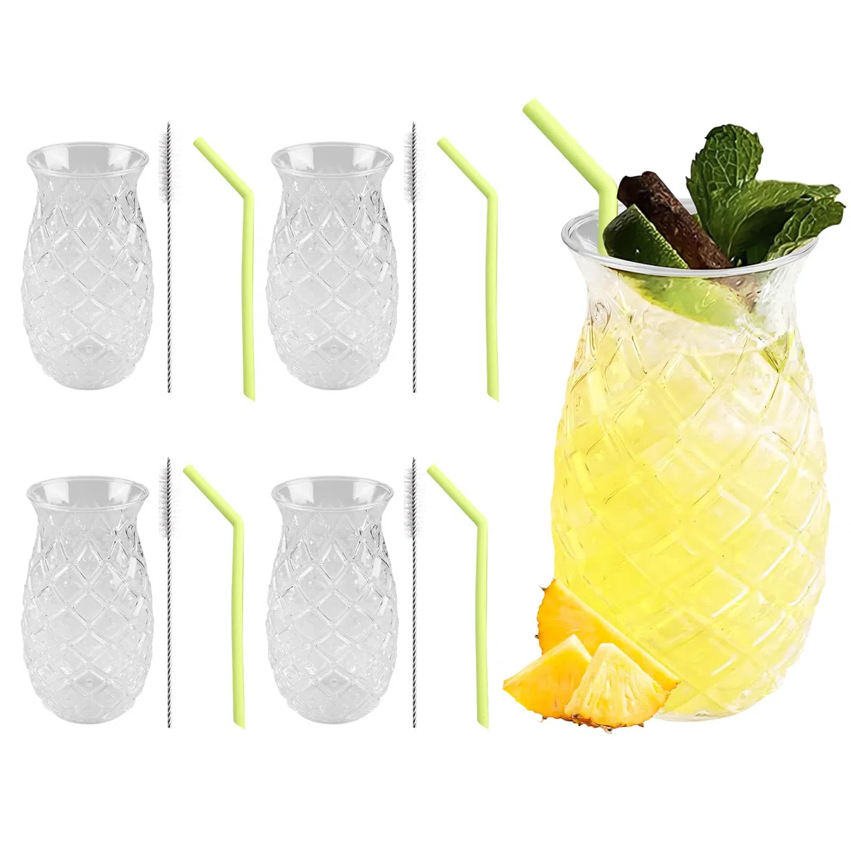 Juego de 4 vasos de piña: 400 ml, vasos de cóctel transparentes con relieve de piña, vasos de fiesta reutilizables con 4 pajitas + cepillos de paja, vasos de zumo en forma de piña para casa